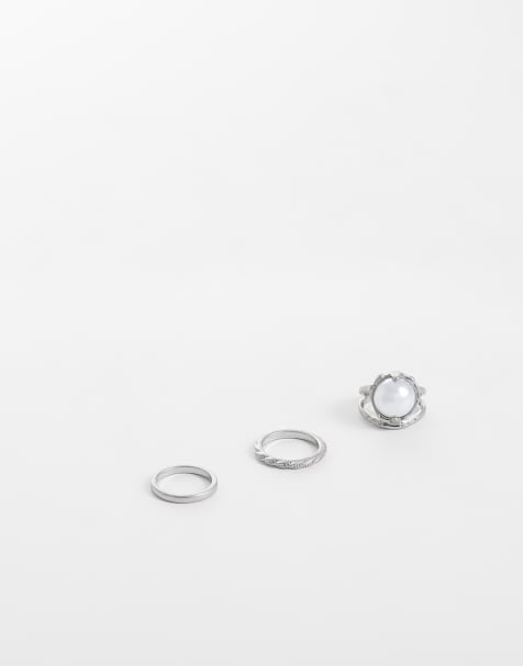 ASOS DESIGN 3 pack faux pearl and twisted band rings in worn silver - view 1