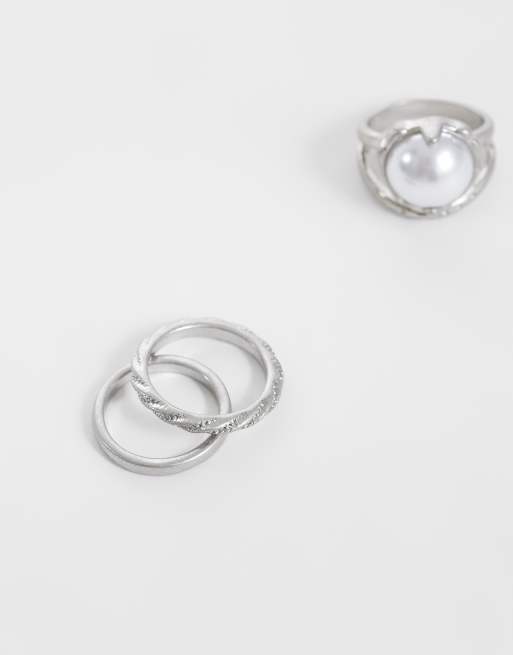 ASOS DESIGN 3 pack faux pearl and twisted band rings in worn silver, 2 of 3