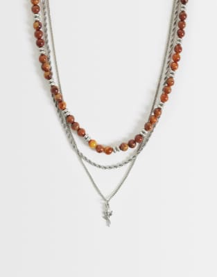 Asos Design 3 Pack Faux Tigers Eye Beaded Rose Pendant Necklace In Silver