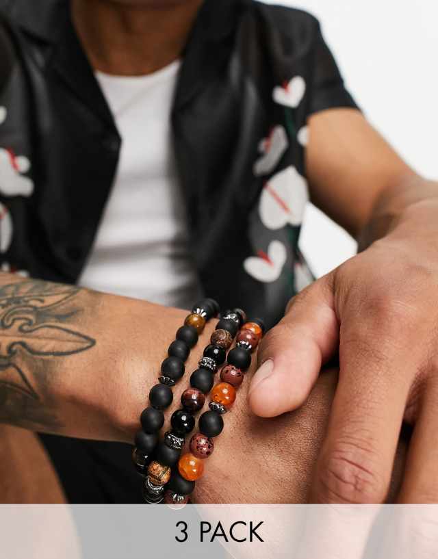 ASOS DESIGN 3-pack festival beaded bracelet set with semi precious stones in brown and black