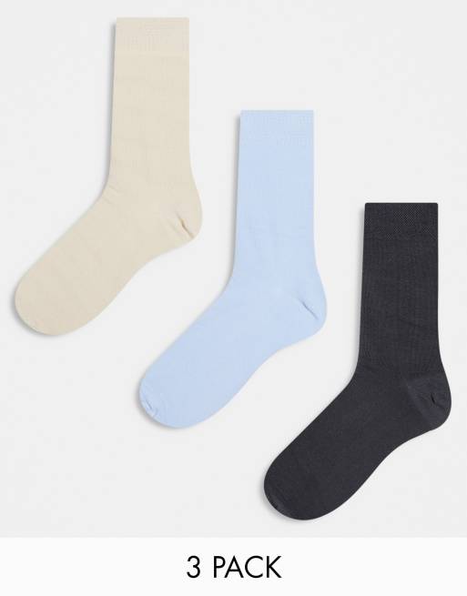 ASOS DESIGN 3 pack fine rib socks in stone, light blue and black | ASOS