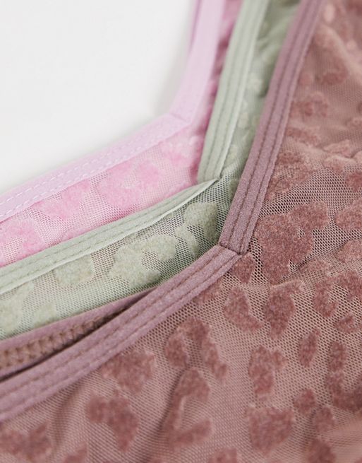 ASOS DESIGN Liv mesh v-front thong with faux fur trim in pink