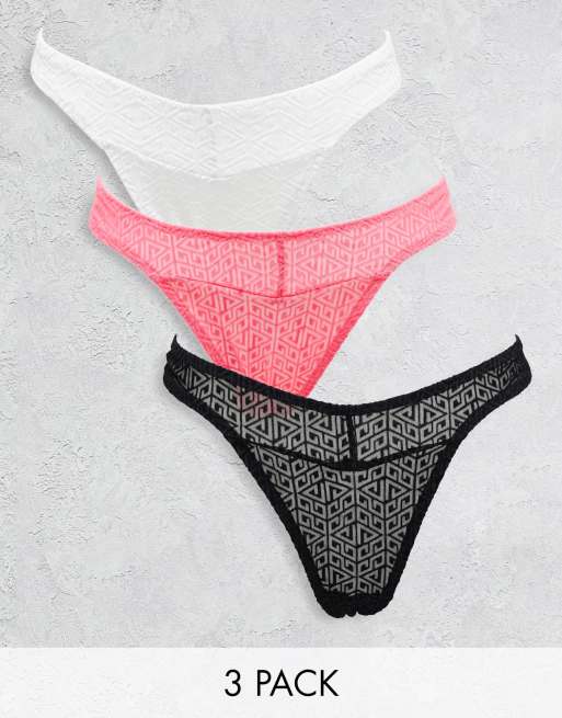 ASOS DESIGN 3 pack flocked monogram mesh v-front thong in multi