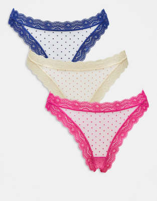 3 pack flocked spot mesh thongs in pink, blue & pale yellow-Multi