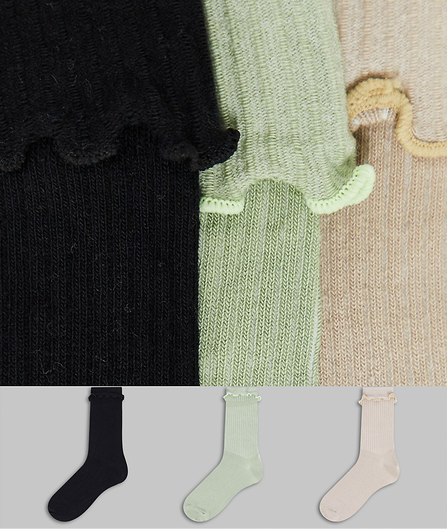 ASOS DESIGN 3 pack fold top frill calf length socks in multi