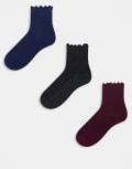 [ASOS DESIGN] ASOS DESIGN 3 pack frill edge ankle socks in navy, charcoal & burgundy-White One Size Multi