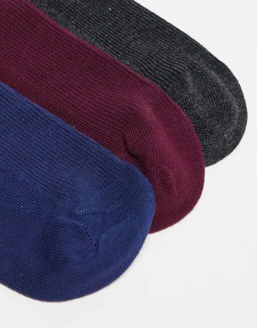 ASOS DESIGN 3 pack frill edge ankle socks in navy, charcoal & burgundy
