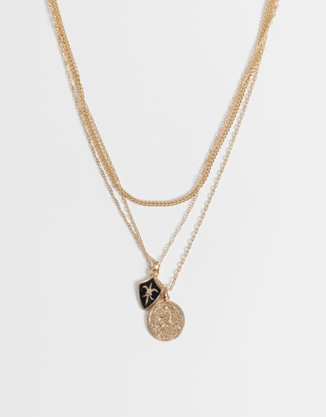 ASOS DESIGN 3-pack halsband med graverat mynt och fleur-de-lis i guld - view 1