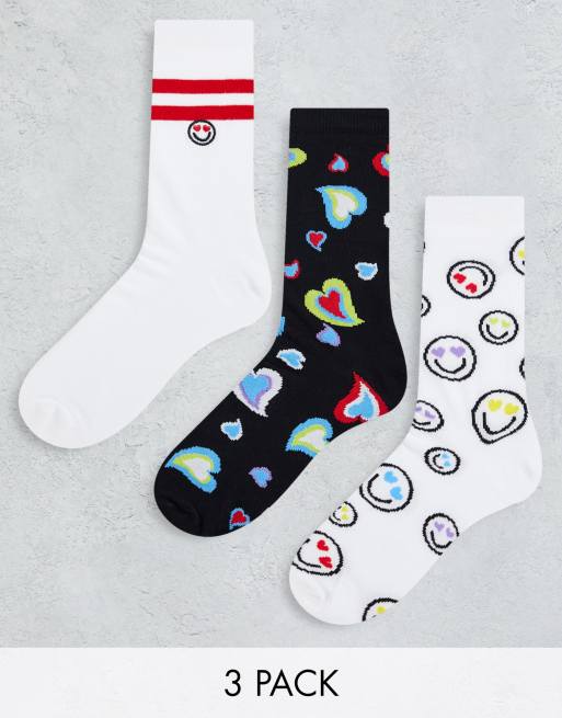 ASOS DESIGN 3 pack heart and smile ankle socks in white and black