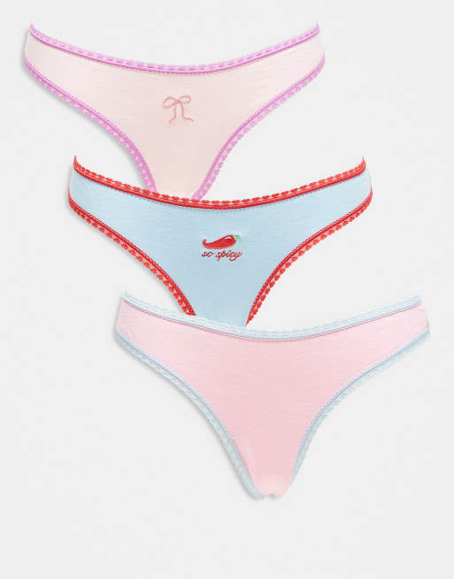 ASOS DESIGN 3 pack heart lace trim brazilian briefs with chili and bow embroidery