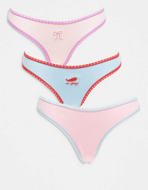 ASOS DESIGN 3 pack heart lace trim brazilian with chilli and bow embroidery - view 1