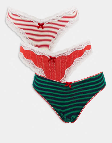 ASOS DESIGN 3 pack high leg thongs in green & red stripe - view 1