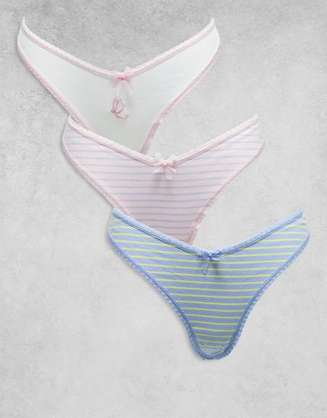 ASOS DESIGN 3 pack high leg thongs with heart lace trim in stripe and embroidery - view 1
