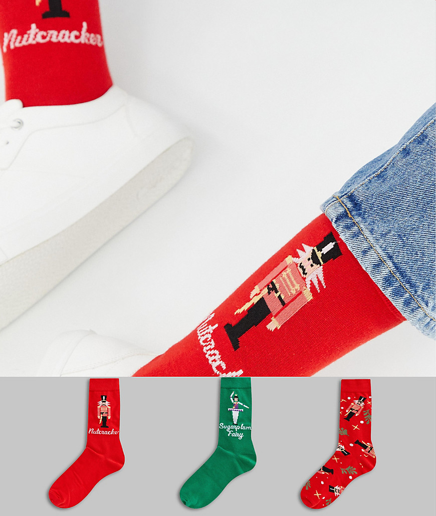 ASOS DESIGN 3 pack Holidays socks with nutcracker design in gift box save-Multi
