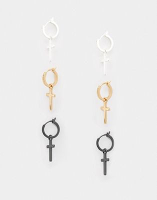 ASOS DESIGN 3 pack hoop earrings set in silver gold and black tones