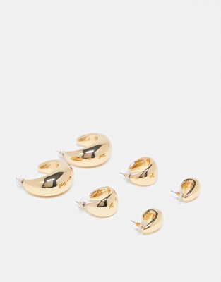 3-pack hoop earrings with sleek wide design in gold tone