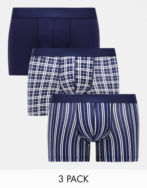 ASOS DESIGN 3-pack jersey boxer briefs in navy plaid and stripe