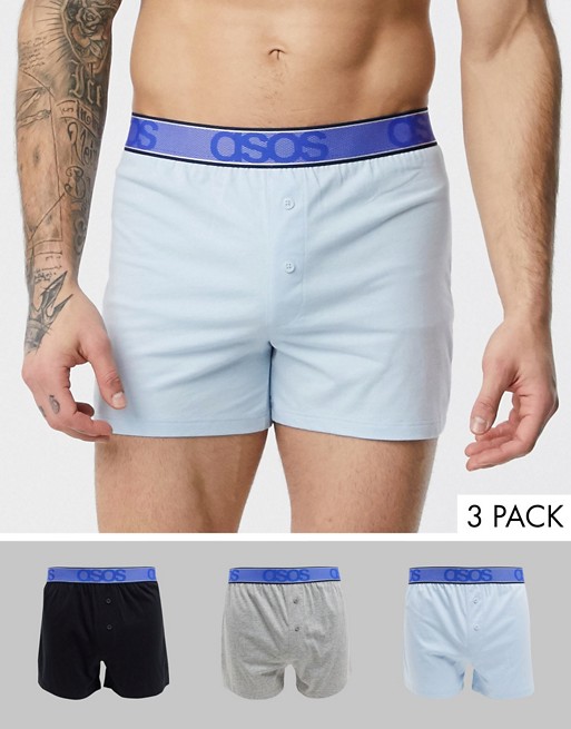 ASOS DESIGN 3 pack jersey boxer in grey black and blue with branded waistband save