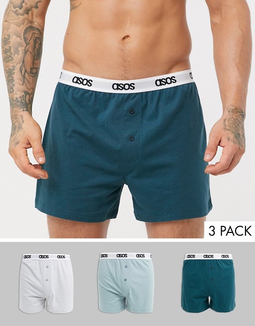ASOS DESIGN 3 pack jersey boxer in tonal blues with branded waistband save