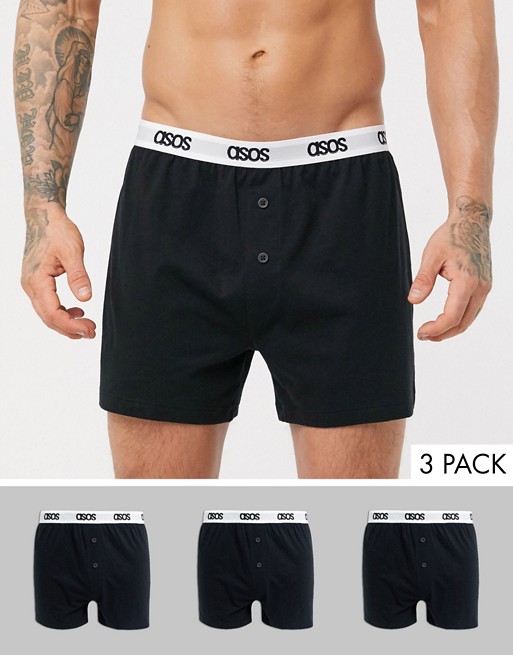 ASOS DESIGN 3 pack jersey boxers in black with branded waistband saving