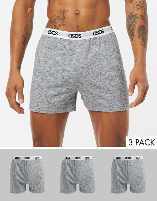 ASOS DESIGN 3 pack jersey boxers in grey space dye with branded waistband saving