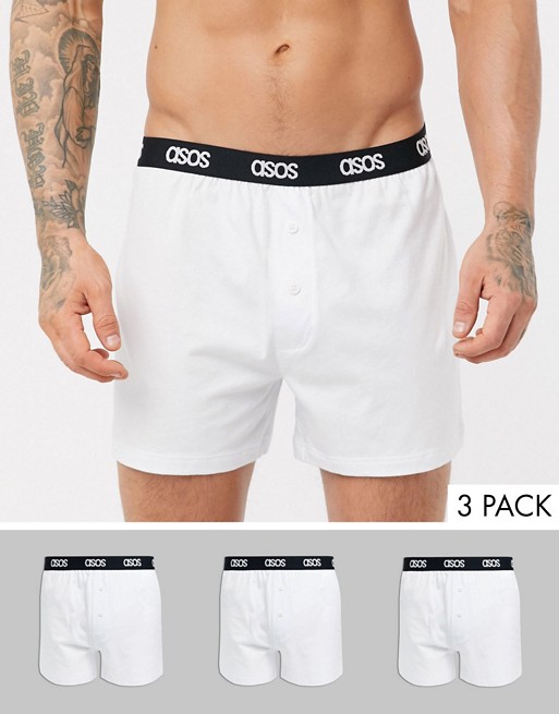 ASOS DESIGN 3 pack jersey boxers in white with branded waistband saving