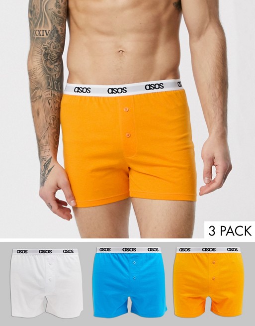 ASOS DESIGN 3 pack jersey boxers shorts in blue orange and white with branded waistband save
