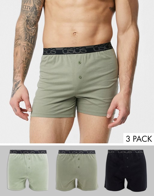 ASOS DESIGN 3 pack jersey boxers shorts in green and black with branded waistband save