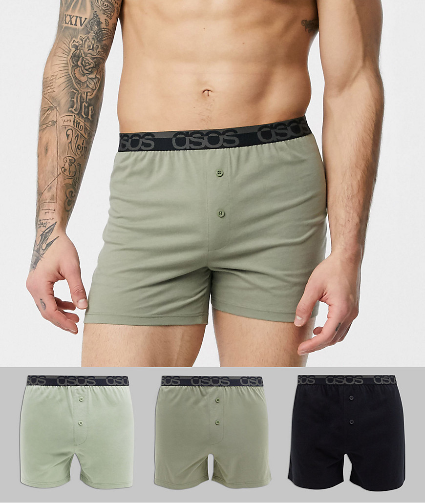 ASOS DESIGN 3 pack jersey boxers shorts in green and black with branded waistband save-Multi