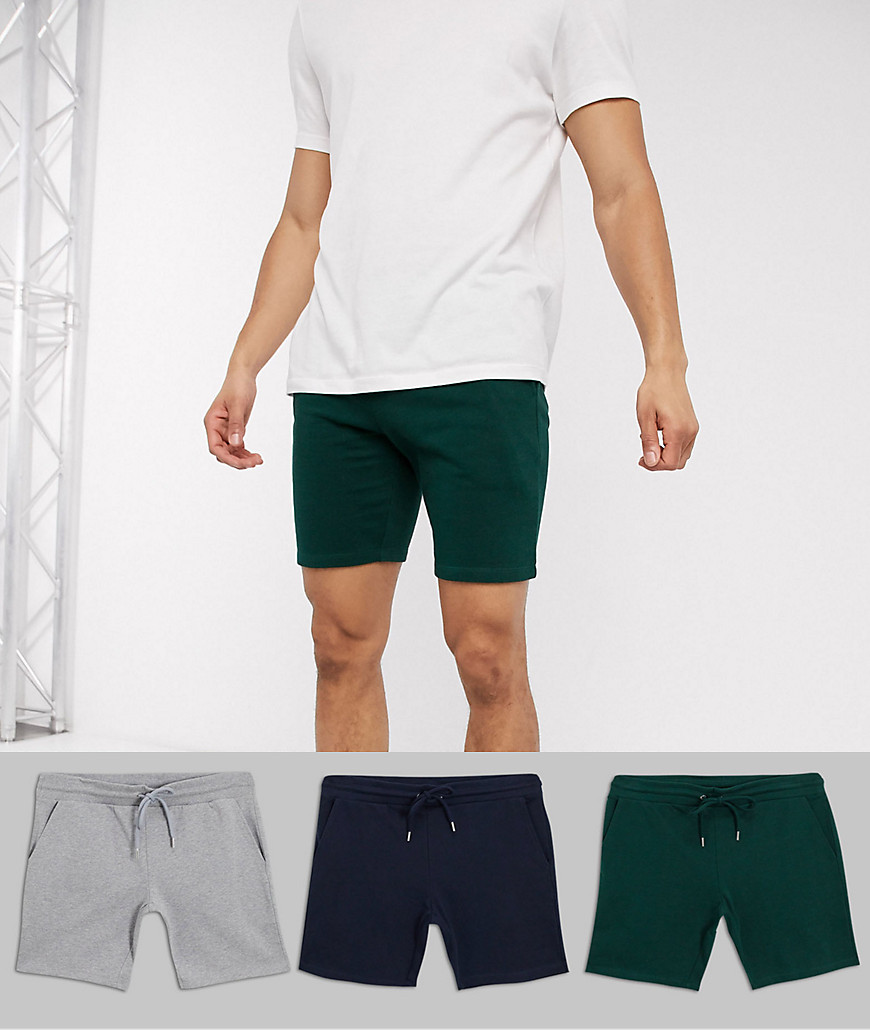 ASOS DESIGN 3 pack jersey skinny shorts in navy/green/grey marl save-Multi