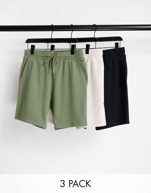 ASOS DESIGN 3-pack jersey slim shorts in black/beige/green