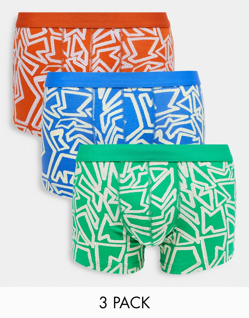 ASOS DESIGN 3 pack jersey trunks in abstract print-Blue