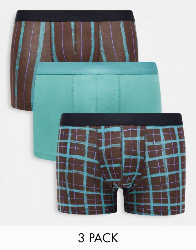 ASOS DESIGN 3 pack jersey trunks in green stripe and check