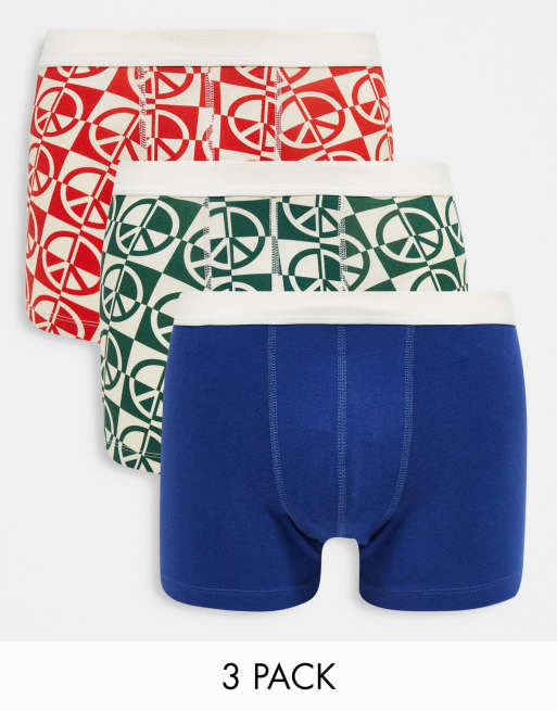 ASOS DESIGN 3 pack jersey trunks in peace print