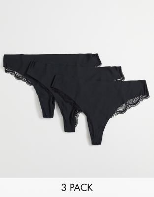 ASOS DESIGN 3 pack knicker in no VPL & lace-Black