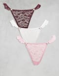 [ASOS DESIGN] ASOS DESIGN 3 pack lace tanga lingerie thong with lace frill side and rosebud trim in pink, white & chocolate-Multi M WHITE, CHOC & PINK