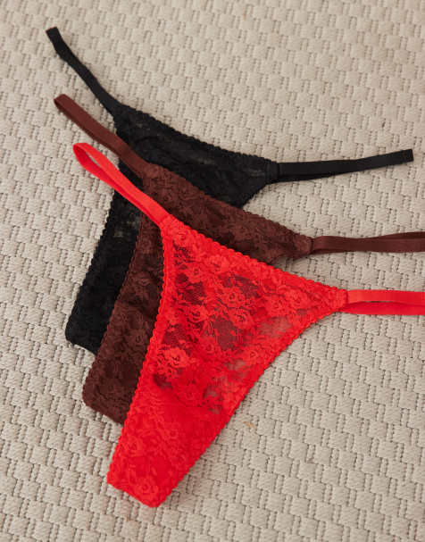 ASOS DESIGN 3 pack lace tanga thong in black, brown and red - view 1