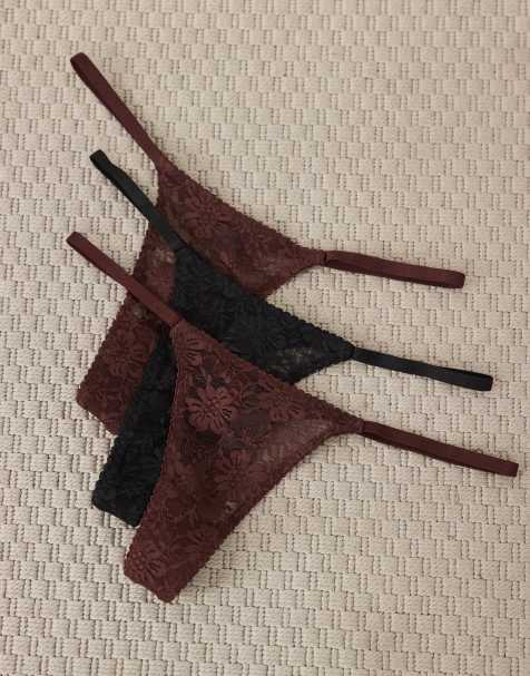 ASOS DESIGN 3 pack lace tanga thong in black & chocolate - view 1