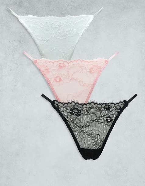 ASOS DESIGN 3 pack lace tanga thong in black, white and dusty rose - view 1