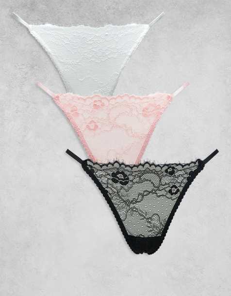 ASOS DESIGN 3 pack lace tanga thong in black, white and dusty rose