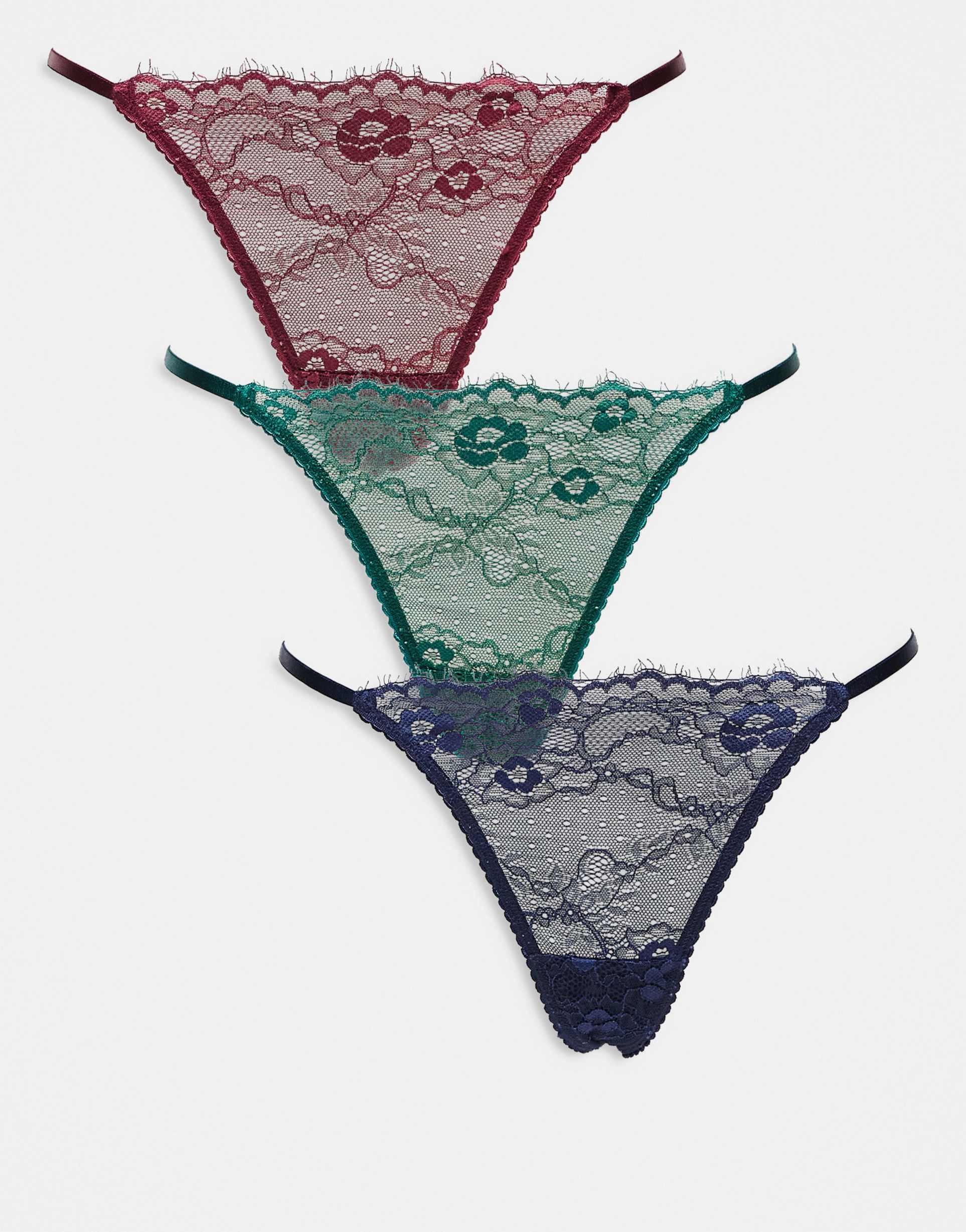 asos design 3 pack lace tanga thong in forest green, burgundy & navy