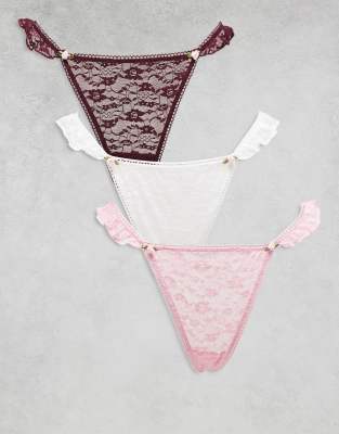 Asos Design 3-pack Lace Tanga Thongs With Lace Ruffle Side And Rosebud Trim In Animal Print