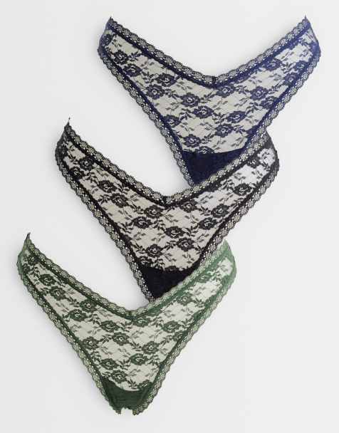 ASOS DESIGN 3 pack lace thong in black, dark green and navy - view 1