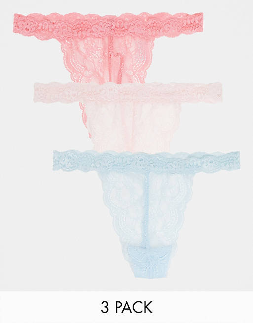 ASOS DESIGN 3 pack lace thong in blush blue & hot pink