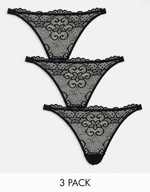 ASOS DESIGN 3-pack lace thongs in black