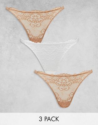 ASOS DESIGN 3 pack lace thongs in white & beige