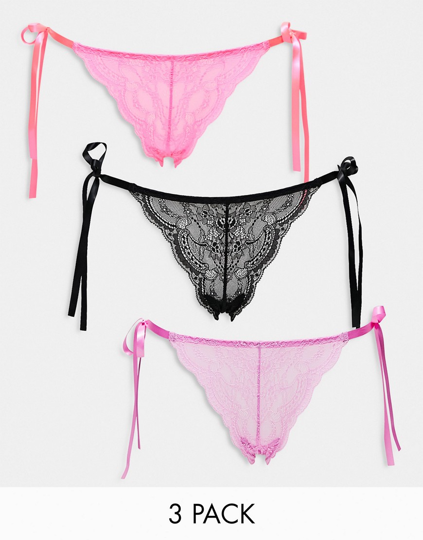 ASOS DESIGN 3 pack lace tie side brazilian in black, pink & violet-Multi