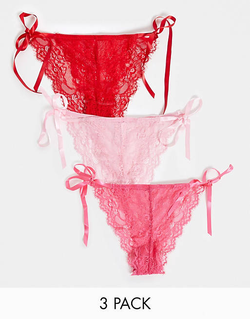 ASOS DESIGN 3 pack lace tie side brazillian in hot pink red & pink