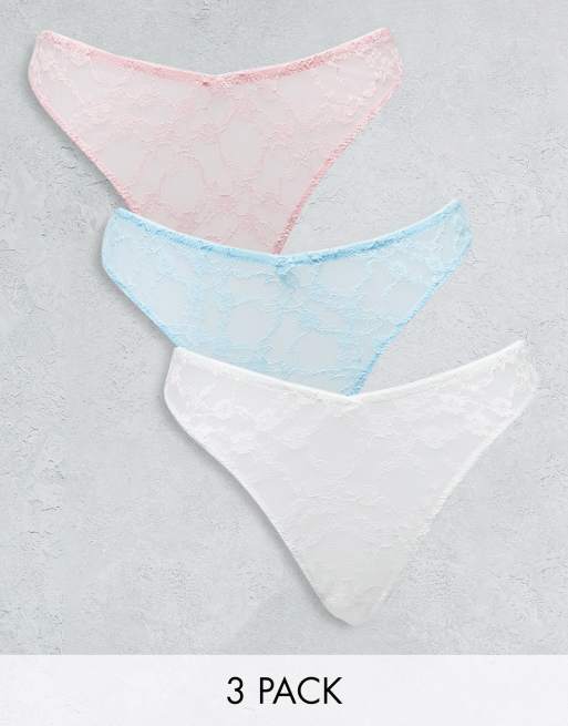 ASOS DESIGN 3 pack lace v front thong in pink, blue & white