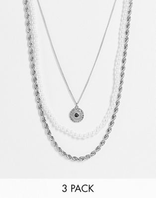 ASOS DESIGN 3 pack layered necklace with faux pearl and circle pendant in silver tone